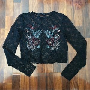 Zara Embroidered Flower & Leaf Detail Black Lace Cropped Top Women's Size S
